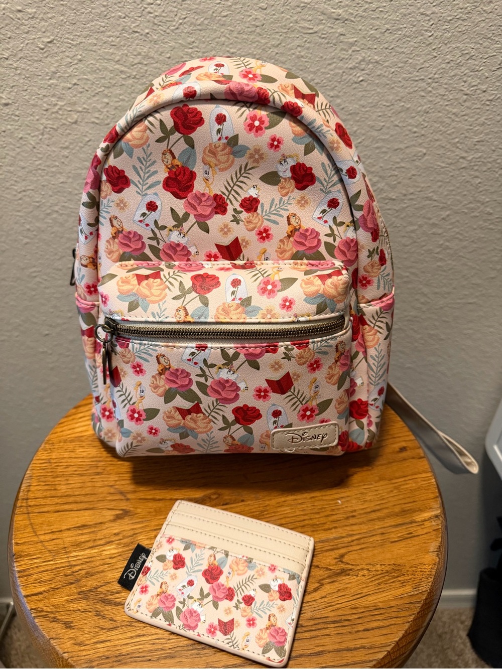 Loungefly Disney Beauty and Beast Floral Mini Backpack with Matching Cardholder